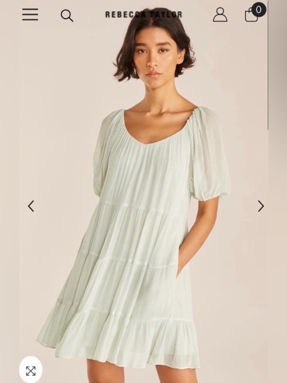 Rebecca Taylor Silk Blend Mint Puff-Sleeve Tiered Mini Dress